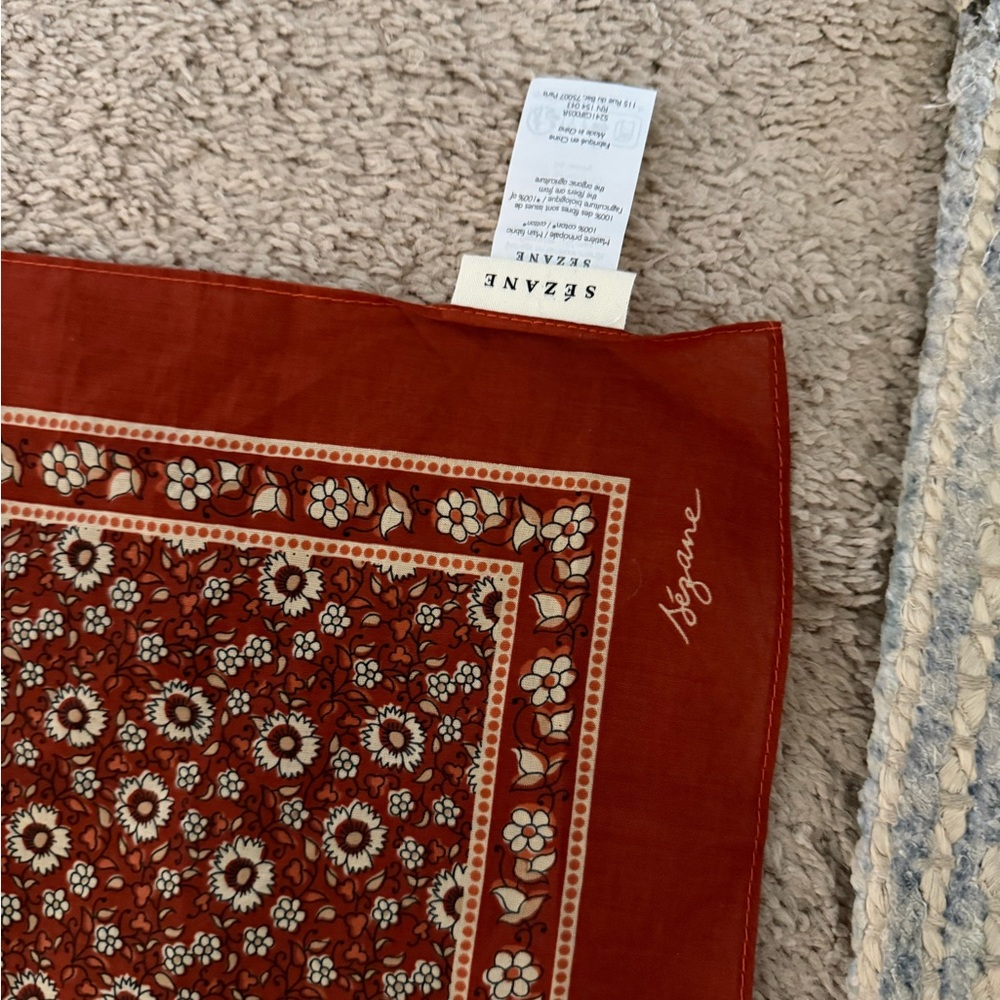 Sezane Rust Red Floral Bandana Accent Scarf - Picture 2 of 2